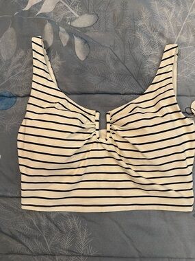 NWTS Calia Striped Scoop Swim Crop Top with Center Ring - White/Black Sz M